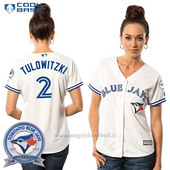 Maglia Baseball Donna Toronto Blue Jays Troy Tulowitzki 2 Bianco Cool Base 40 Anniversario